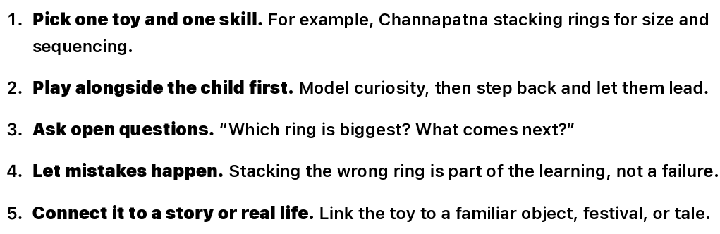 Step-by-step guide on using a stacking toy to enhance learning and play for children, focusing on skills like sequencing and engagement.