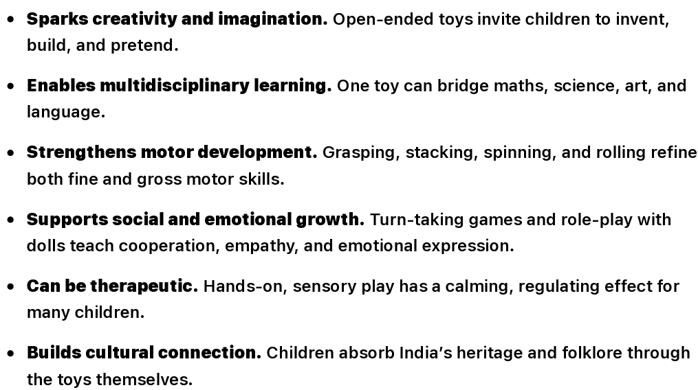 List of benefits of open-ended toys for children, highlighting creativity, motor development, social skills, therapeutic effects, and cultural connection.