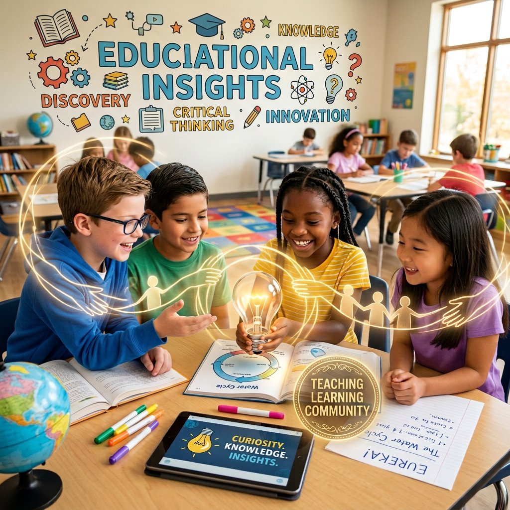 Four students examine a glowing light bulb beside educational text and diagrams.