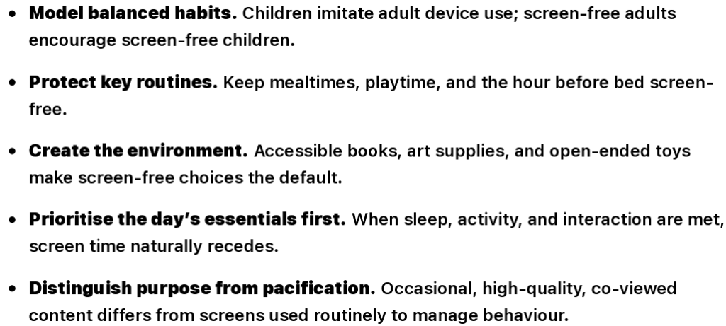 List of tips for promoting screen-free habits in children, including modeling balanced habits, protecting routines, creating an engaging environment, prioritizing essential activities, and distinguishing purposeful screen time from pacification.